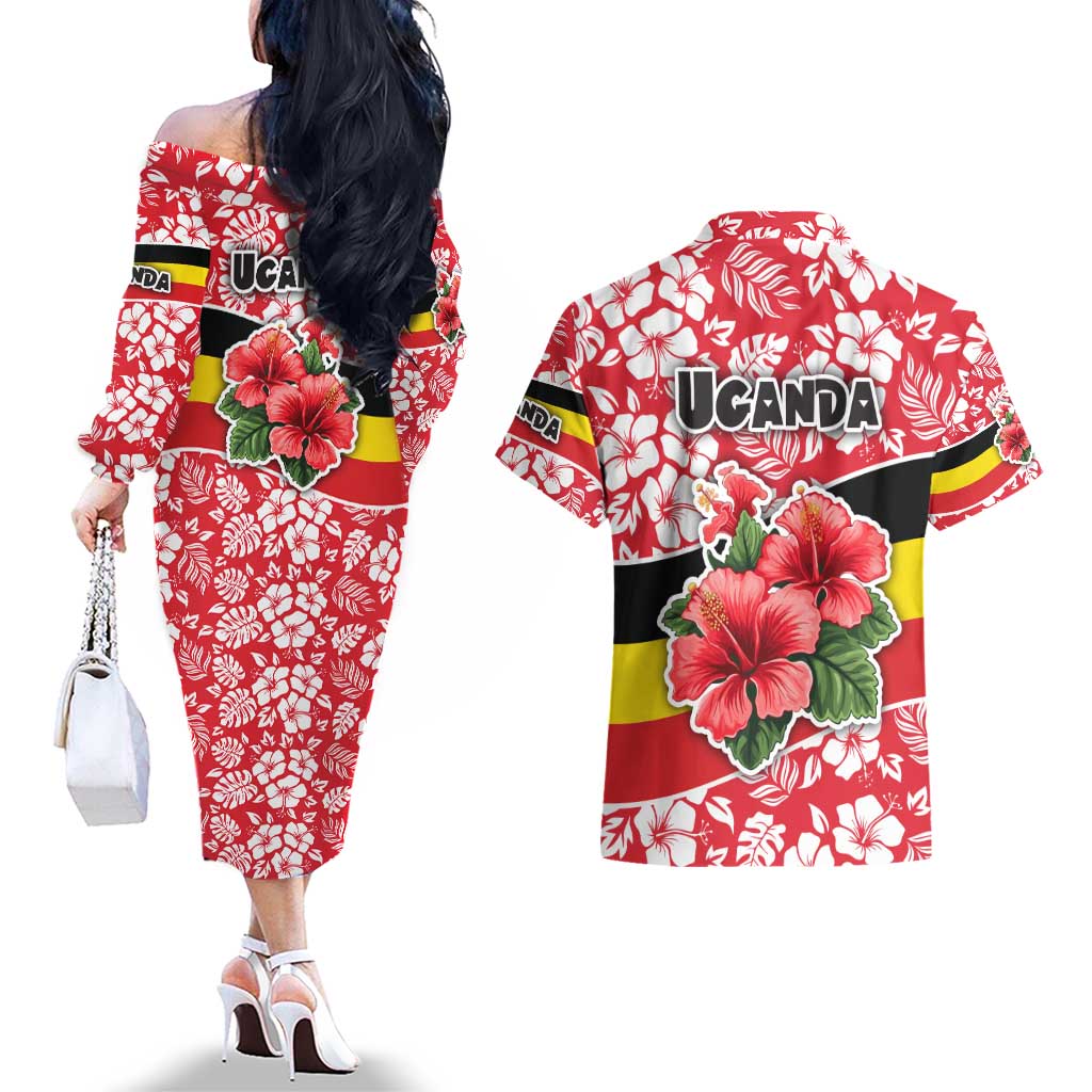 Uganda Couples Matching Off The Shoulder Long Sleeve Dress and Hawaiian Shirt with Red Hibiscus Flowers and National Flag Design