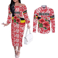 Uganda Couples Matching Off The Shoulder Long Sleeve Dress and Long Sleeve Button Shirt with Red Hibiscus Flowers and National Flag Design