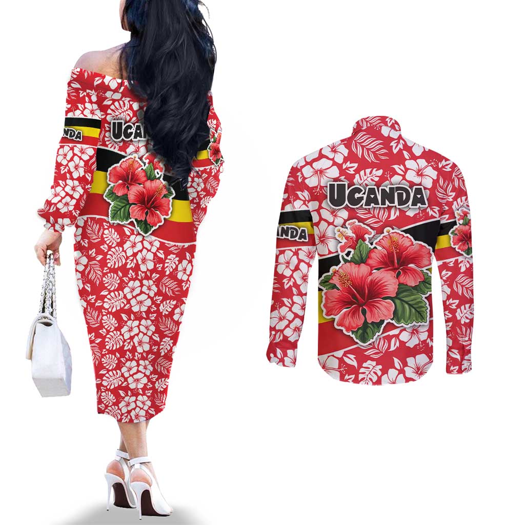 Uganda Couples Matching Off The Shoulder Long Sleeve Dress and Long Sleeve Button Shirt with Red Hibiscus Flowers and National Flag Design