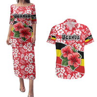 Uganda Couples Matching Puletasi and Hawaiian Shirt with Red Hibiscus Flowers and National Flag Design