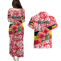 Uganda Couples Matching Puletasi and Hawaiian Shirt with Red Hibiscus Flowers and National Flag Design