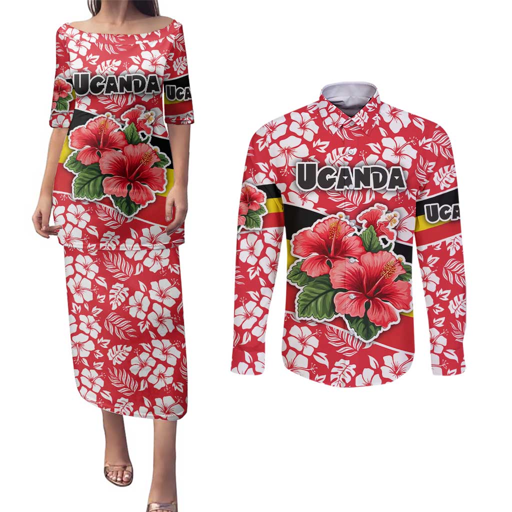 Uganda Couples Matching Puletasi and Long Sleeve Button Shirt with Red Hibiscus Flowers and National Flag Design