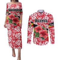 Uganda Couples Matching Puletasi and Long Sleeve Button Shirt with Red Hibiscus Flowers and National Flag Design