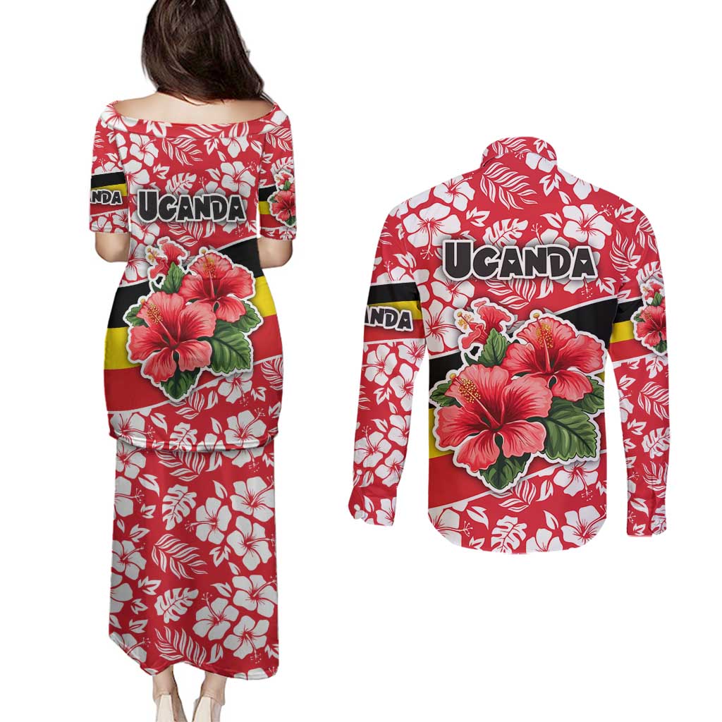 Uganda Couples Matching Puletasi and Long Sleeve Button Shirt with Red Hibiscus Flowers and National Flag Design