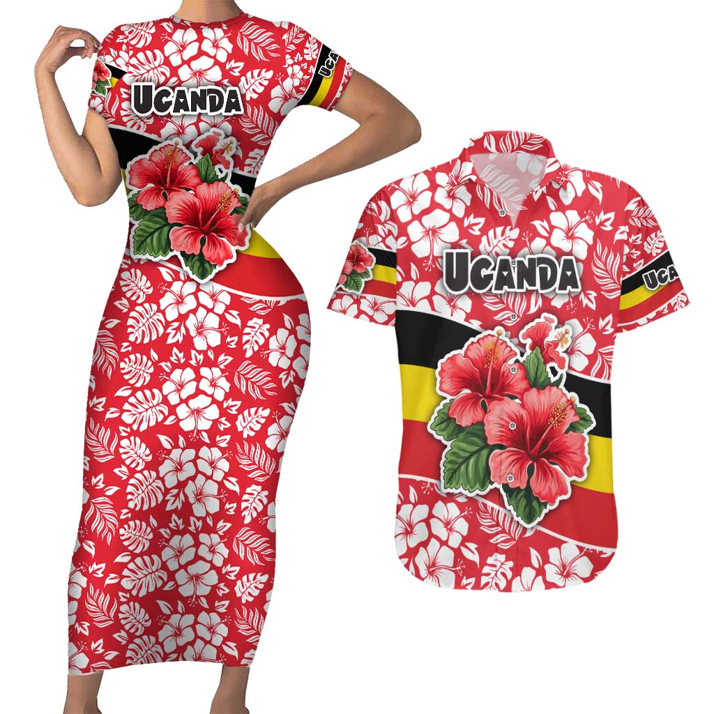 Uganda Couples Matching Short Sleeve Bodycon Dress and Hawaiian Shirt with Red Hibiscus Flowers and National Flag Design
