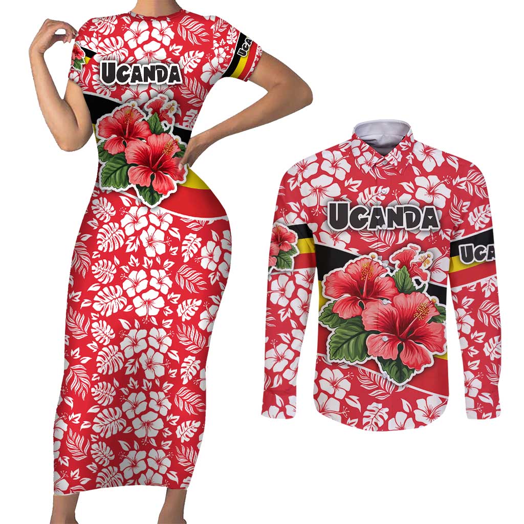 Uganda Couples Matching Short Sleeve Bodycon Dress and Long Sleeve Button Shirt with Red Hibiscus Flowers and National Flag Design