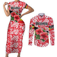 Uganda Couples Matching Short Sleeve Bodycon Dress and Long Sleeve Button Shirt with Red Hibiscus Flowers and National Flag Design