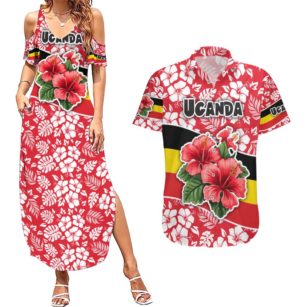 Uganda Couples Matching Summer Maxi Dress and Hawaiian Shirt with Red Hibiscus Flowers and National Flag Design