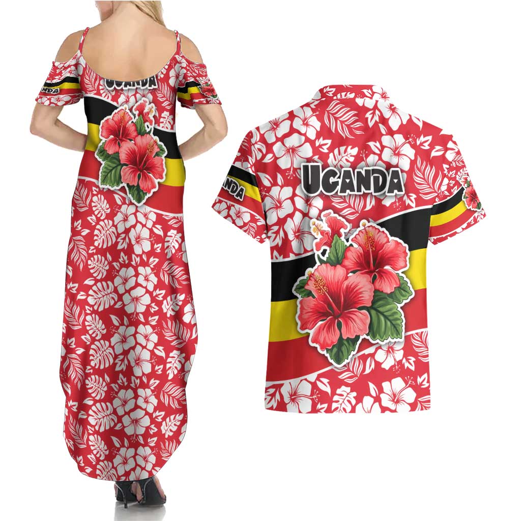 Uganda Couples Matching Summer Maxi Dress and Hawaiian Shirt with Red Hibiscus Flowers and National Flag Design