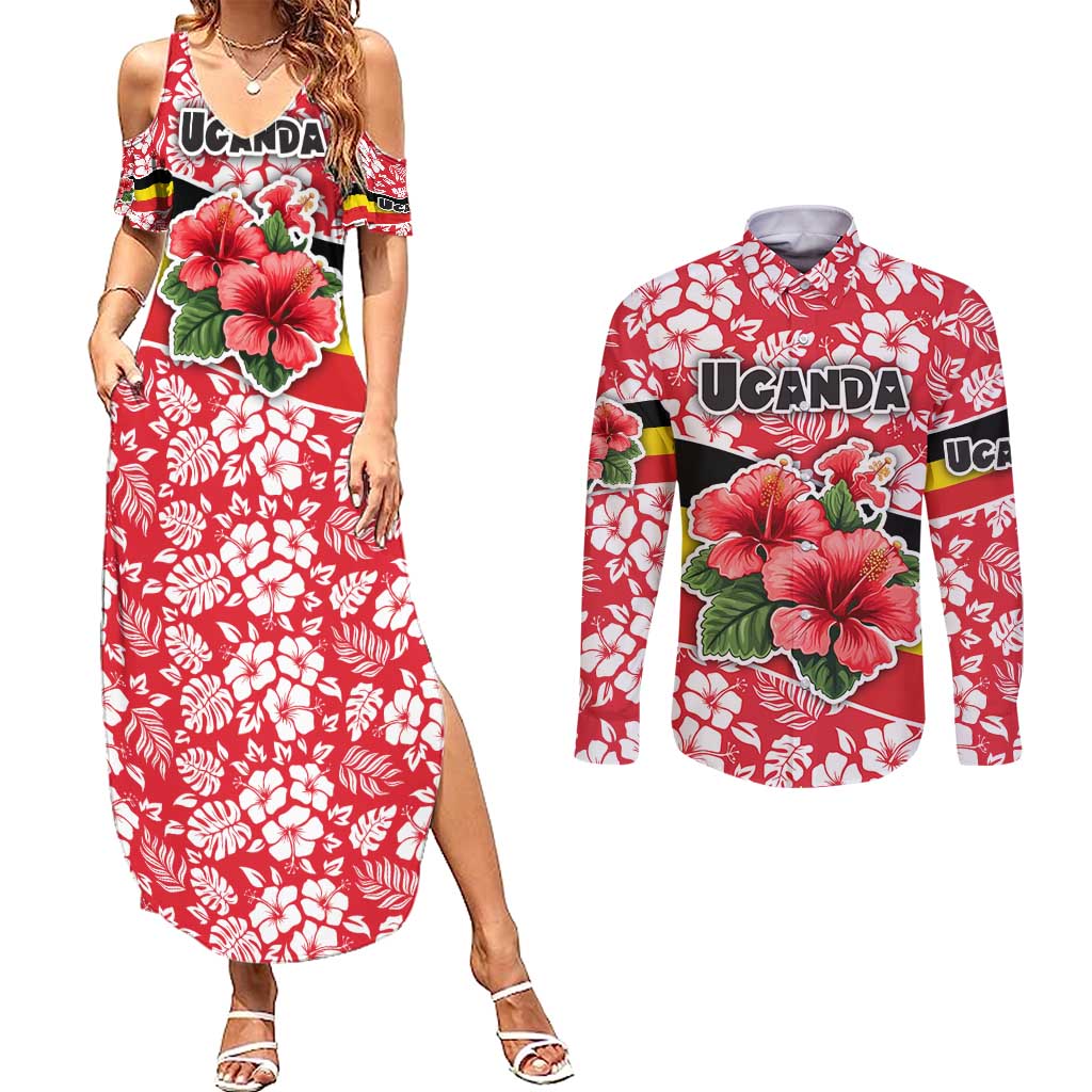 Uganda Couples Matching Summer Maxi Dress and Long Sleeve Button Shirt with Red Hibiscus Flowers and National Flag Design