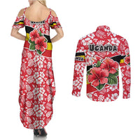 Uganda Couples Matching Summer Maxi Dress and Long Sleeve Button Shirt with Red Hibiscus Flowers and National Flag Design
