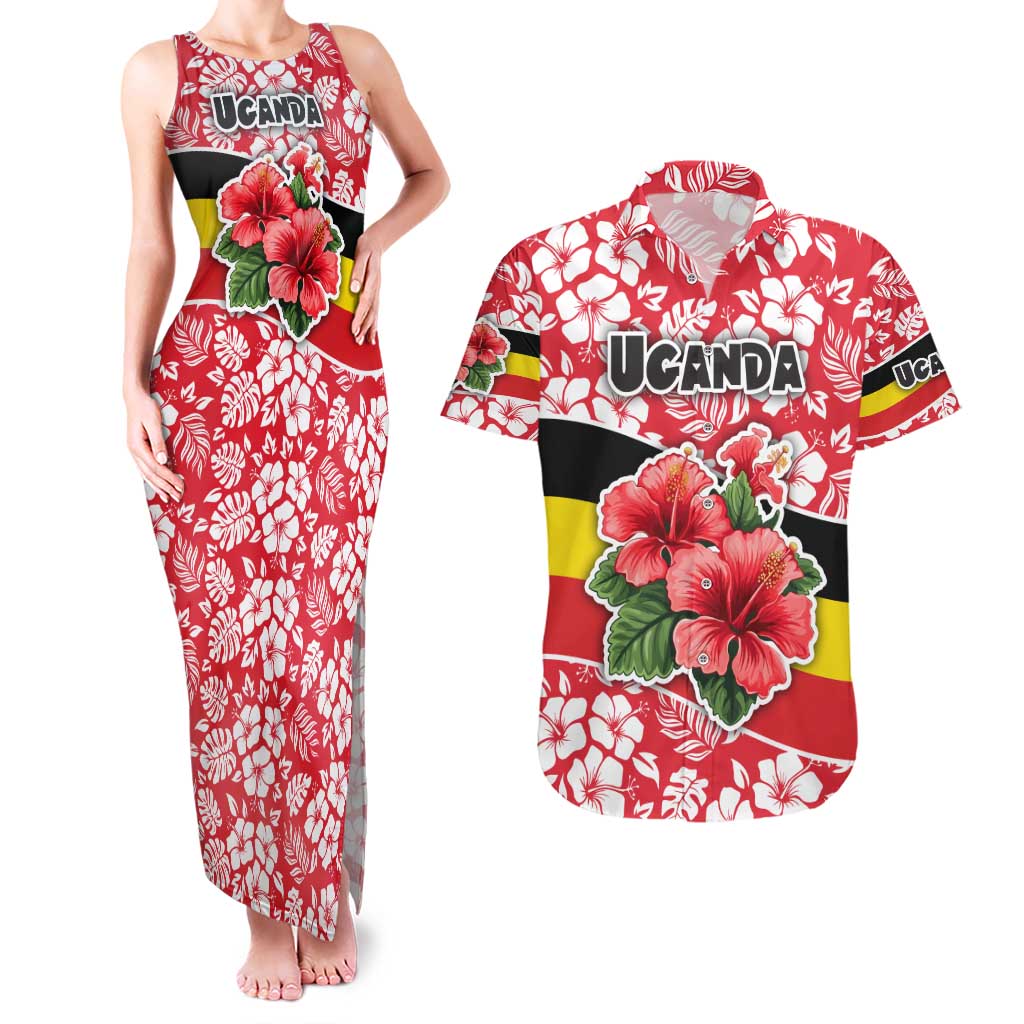 Uganda Couples Matching Tank Maxi Dress and Hawaiian Shirt with Red Hibiscus Flowers and National Flag Design