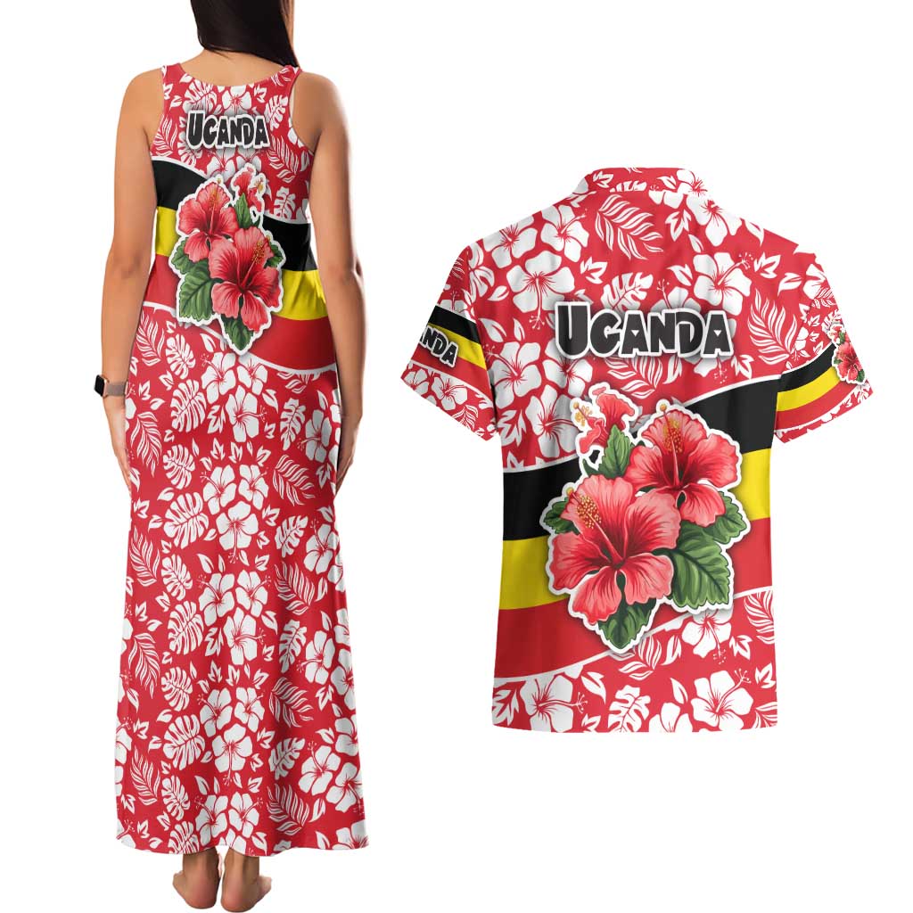 Uganda Couples Matching Tank Maxi Dress and Hawaiian Shirt with Red Hibiscus Flowers and National Flag Design