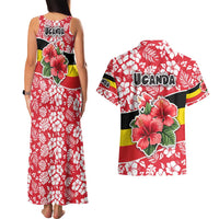 Uganda Couples Matching Tank Maxi Dress and Hawaiian Shirt with Red Hibiscus Flowers and National Flag Design