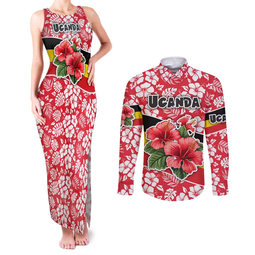 Uganda Couples Matching Tank Maxi Dress and Long Sleeve Button Shirt with Red Hibiscus Flowers and National Flag Design