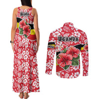 Uganda Couples Matching Tank Maxi Dress and Long Sleeve Button Shirt with Red Hibiscus Flowers and National Flag Design