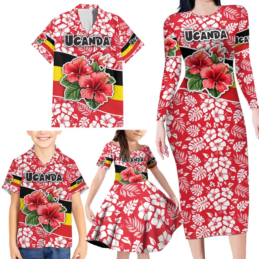Uganda Family Matching Long Sleeve Bodycon Dress and Hawaiian Shirt with Red Hibiscus Flowers and National Flag Design