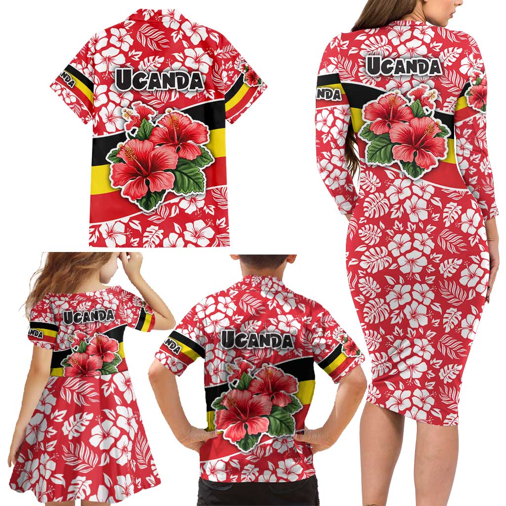 Uganda Family Matching Long Sleeve Bodycon Dress and Hawaiian Shirt with Red Hibiscus Flowers and National Flag Design