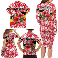 Uganda Family Matching Long Sleeve Bodycon Dress and Hawaiian Shirt with Red Hibiscus Flowers and National Flag Design