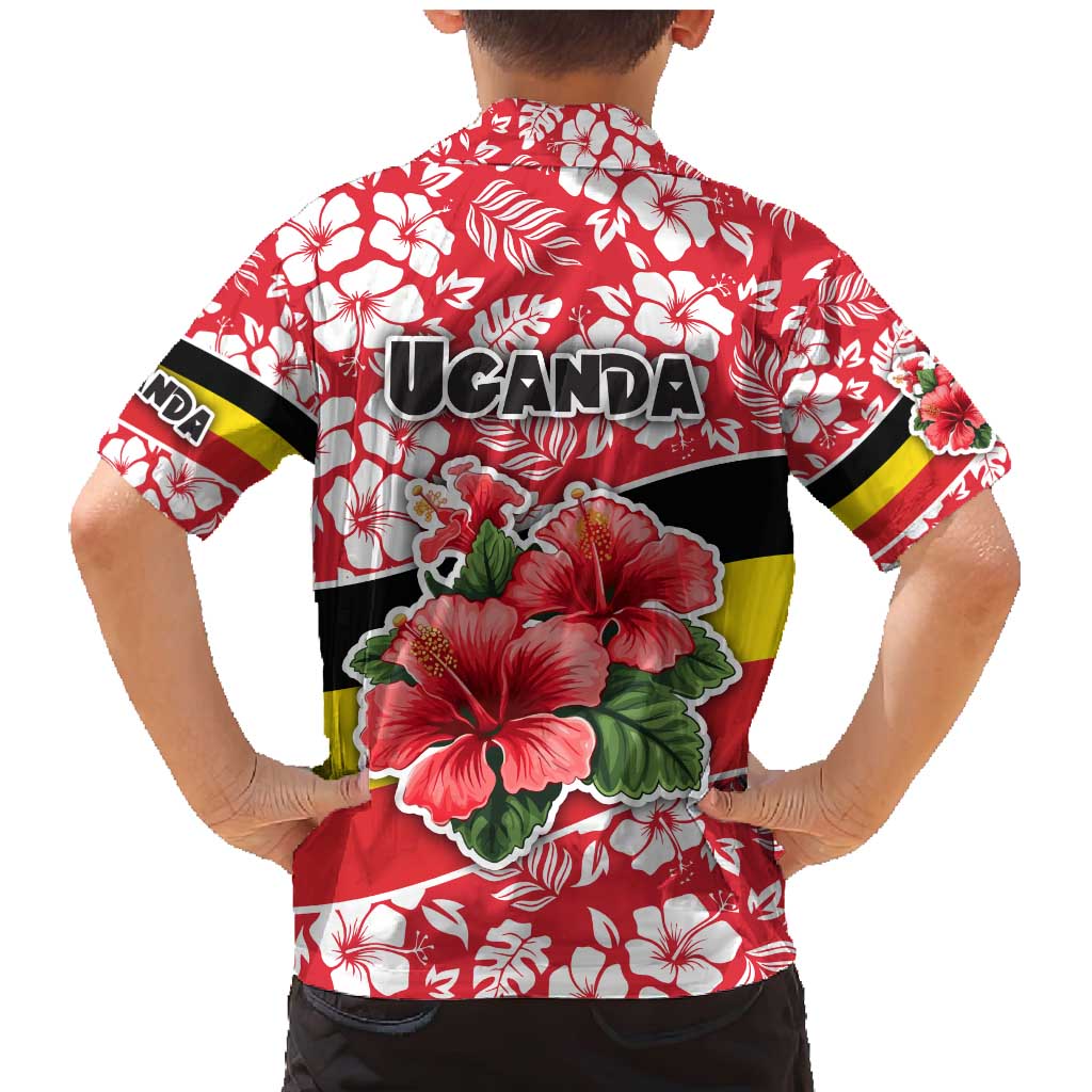 Uganda Family Matching Mermaid Dress and Hawaiian Shirt with Red Hibiscus Flowers and National Flag Design