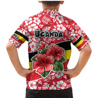 Uganda Family Matching Mermaid Dress and Hawaiian Shirt with Red Hibiscus Flowers and National Flag Design
