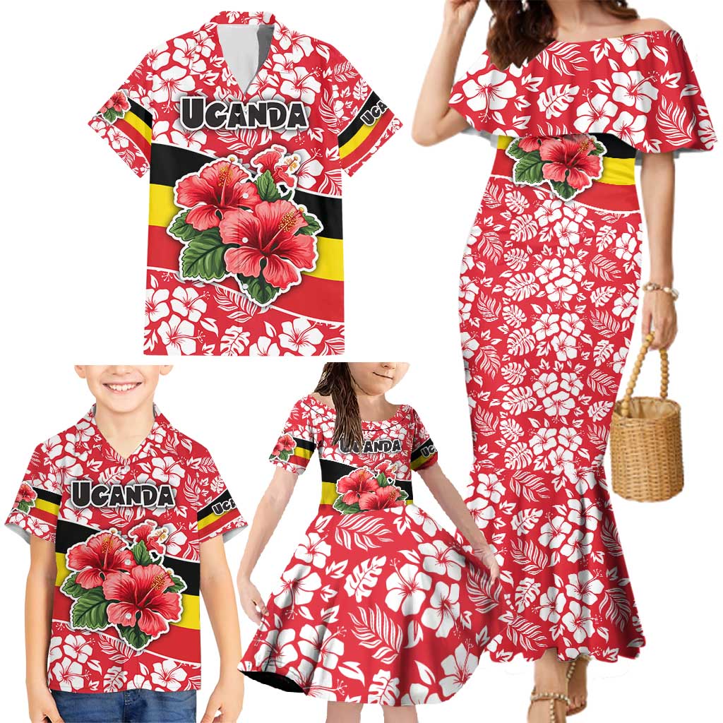 Uganda Family Matching Mermaid Dress and Hawaiian Shirt with Red Hibiscus Flowers and National Flag Design