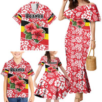 Uganda Family Matching Mermaid Dress and Hawaiian Shirt with Red Hibiscus Flowers and National Flag Design