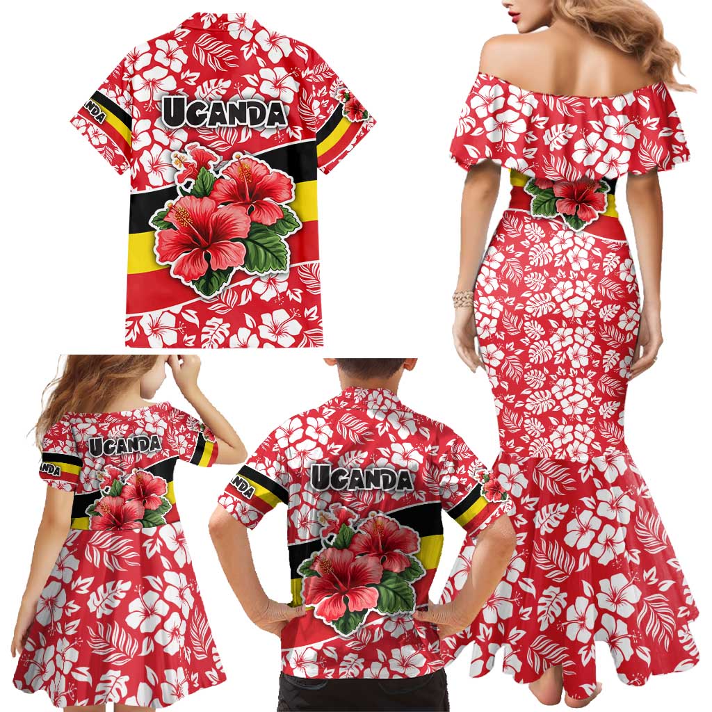 Uganda Family Matching Mermaid Dress and Hawaiian Shirt with Red Hibiscus Flowers and National Flag Design