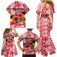 Uganda Family Matching Mermaid Dress and Hawaiian Shirt with Red Hibiscus Flowers and National Flag Design