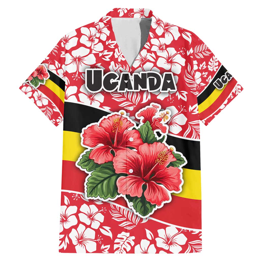 Uganda Family Matching Mermaid Dress and Hawaiian Shirt with Red Hibiscus Flowers and National Flag Design