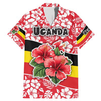 Uganda Family Matching Mermaid Dress and Hawaiian Shirt with Red Hibiscus Flowers and National Flag Design
