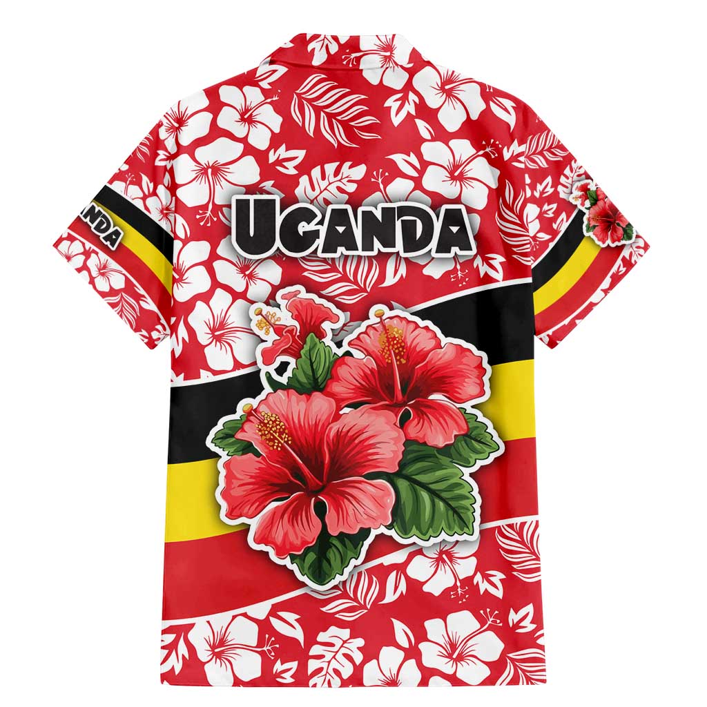 Uganda Family Matching Mermaid Dress and Hawaiian Shirt with Red Hibiscus Flowers and National Flag Design