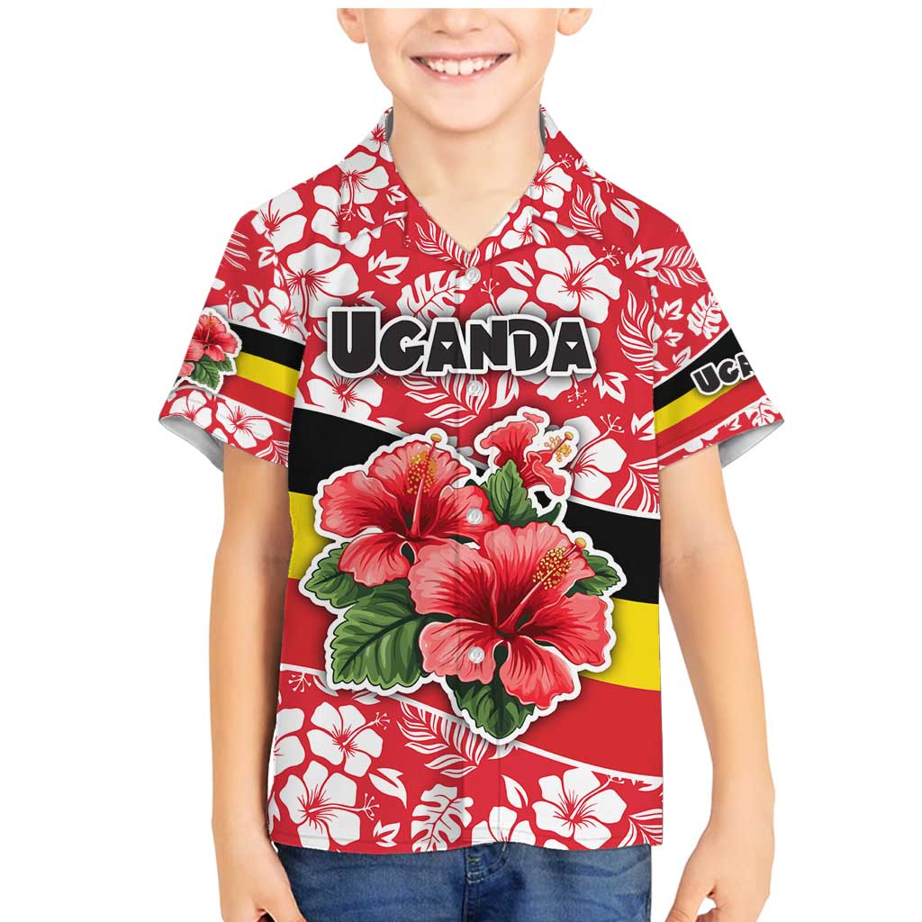 Uganda Family Matching Mermaid Dress and Hawaiian Shirt with Red Hibiscus Flowers and National Flag Design