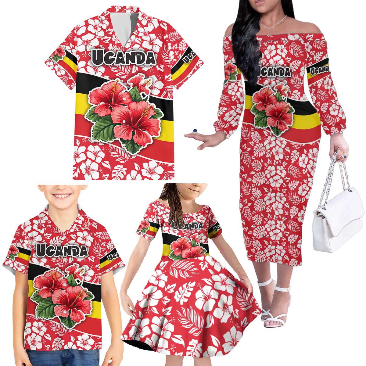 Uganda Family Matching Off The Shoulder Long Sleeve Dress and Hawaiian Shirt with Red Hibiscus Flowers and National Flag Design