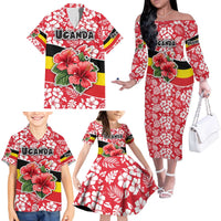 Uganda Family Matching Off The Shoulder Long Sleeve Dress and Hawaiian Shirt with Red Hibiscus Flowers and National Flag Design