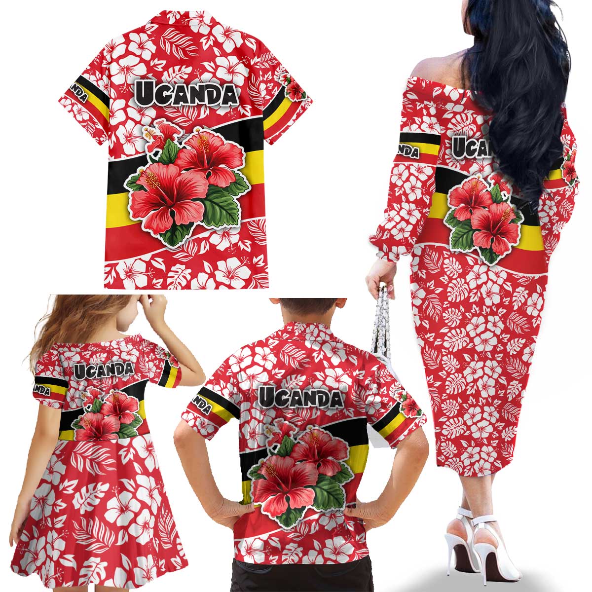 Uganda Family Matching Off The Shoulder Long Sleeve Dress and Hawaiian Shirt with Red Hibiscus Flowers and National Flag Design