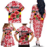 Uganda Family Matching Off The Shoulder Long Sleeve Dress and Hawaiian Shirt with Red Hibiscus Flowers and National Flag Design