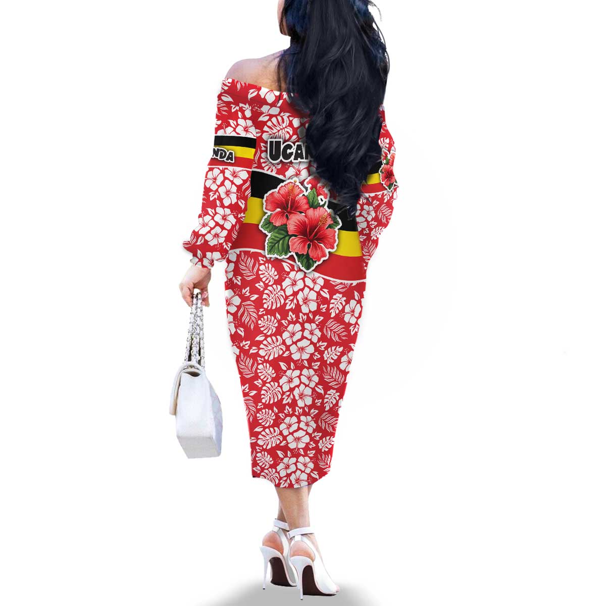 Uganda Family Matching Off The Shoulder Long Sleeve Dress and Hawaiian Shirt with Red Hibiscus Flowers and National Flag Design