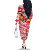 Uganda Family Matching Off The Shoulder Long Sleeve Dress and Hawaiian Shirt with Red Hibiscus Flowers and National Flag Design