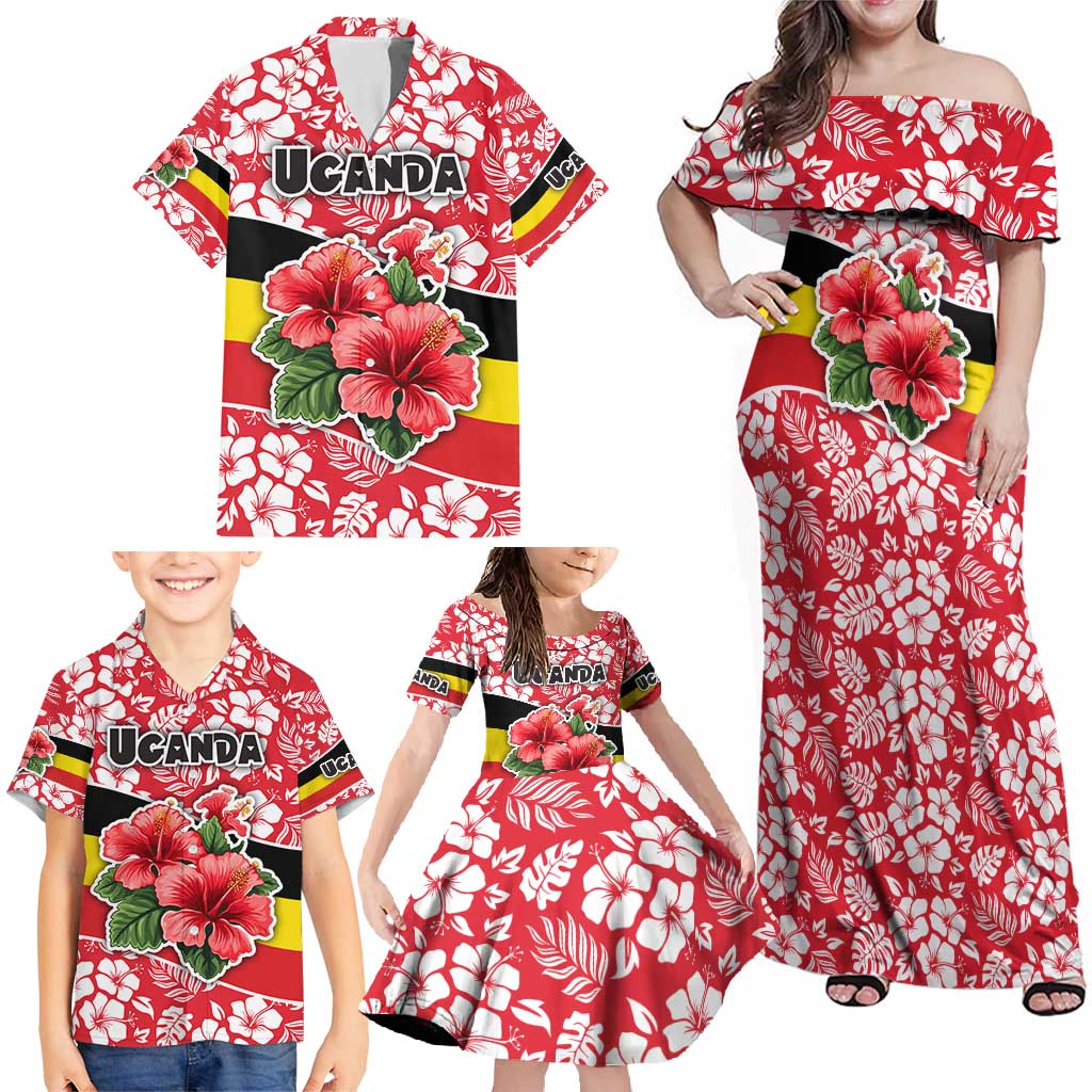 Uganda Family Matching Off Shoulder Maxi Dress and Hawaiian Shirt with Red Hibiscus Flowers and National Flag Design