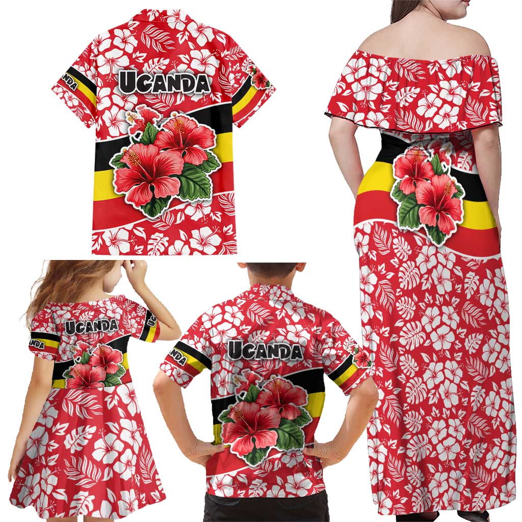 Uganda Family Matching Off Shoulder Maxi Dress and Hawaiian Shirt with Red Hibiscus Flowers and National Flag Design