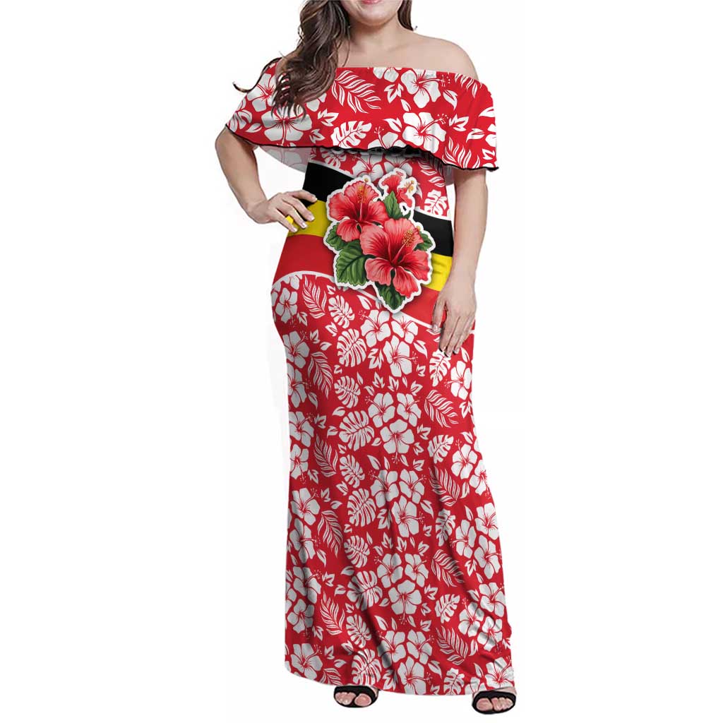 Uganda Family Matching Off Shoulder Maxi Dress and Hawaiian Shirt with Red Hibiscus Flowers and National Flag Design