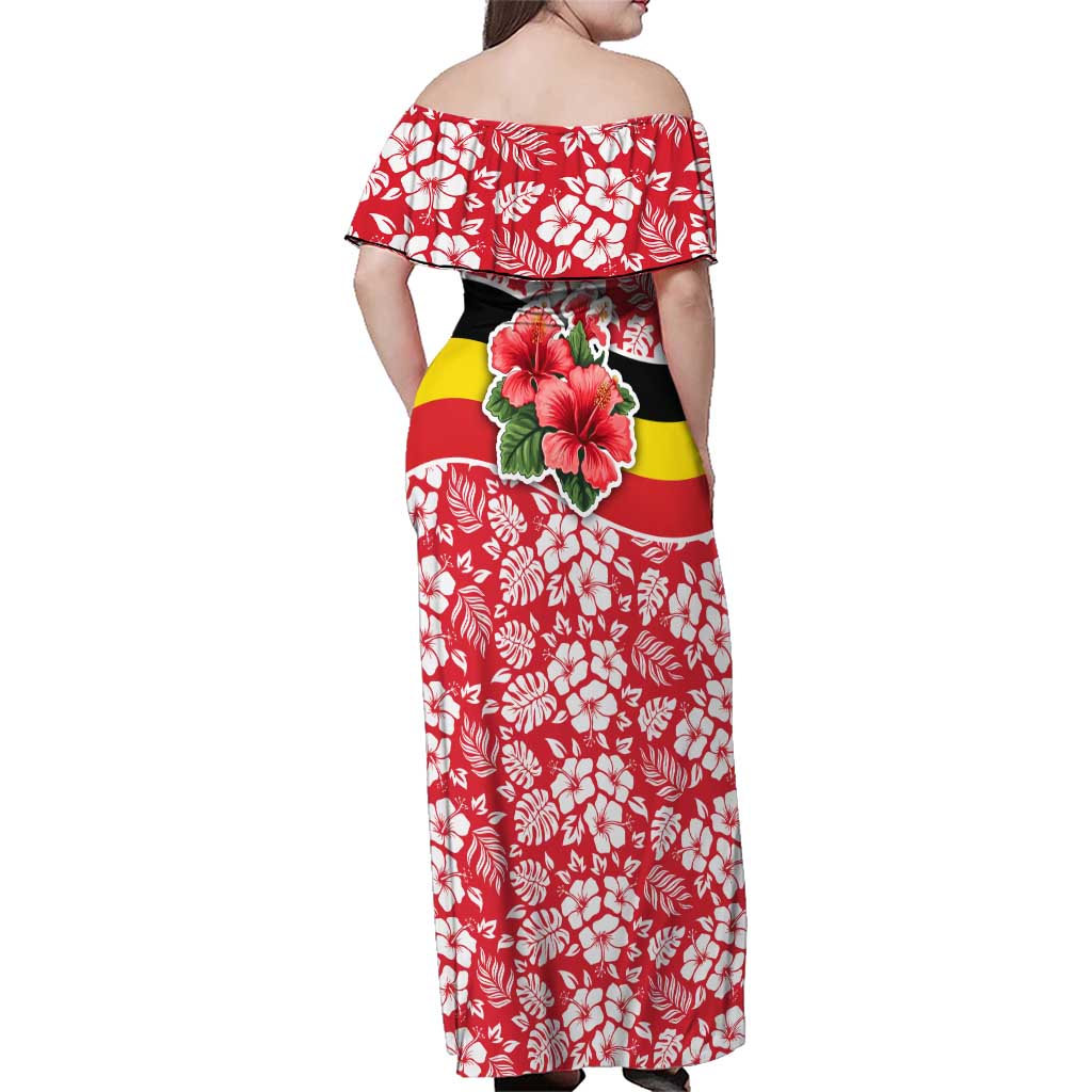 Uganda Family Matching Off Shoulder Maxi Dress and Hawaiian Shirt with Red Hibiscus Flowers and National Flag Design