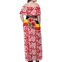 Uganda Family Matching Off Shoulder Maxi Dress and Hawaiian Shirt with Red Hibiscus Flowers and National Flag Design
