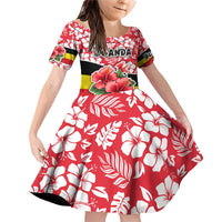 Uganda Family Matching Off Shoulder Short Dress and Hawaiian Shirt with Red Hibiscus Flowers and National Flag Design