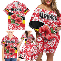 Uganda Family Matching Off Shoulder Short Dress and Hawaiian Shirt with Red Hibiscus Flowers and National Flag Design