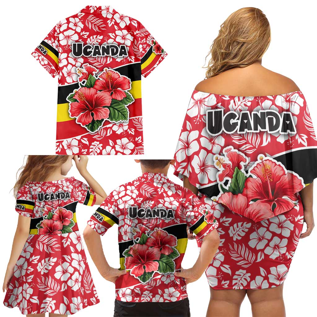 Uganda Family Matching Off Shoulder Short Dress and Hawaiian Shirt with Red Hibiscus Flowers and National Flag Design