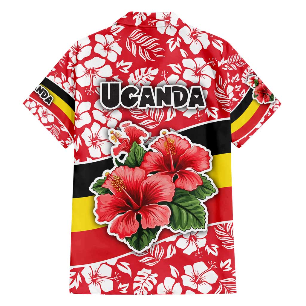 Uganda Family Matching Off Shoulder Short Dress and Hawaiian Shirt with Red Hibiscus Flowers and National Flag Design