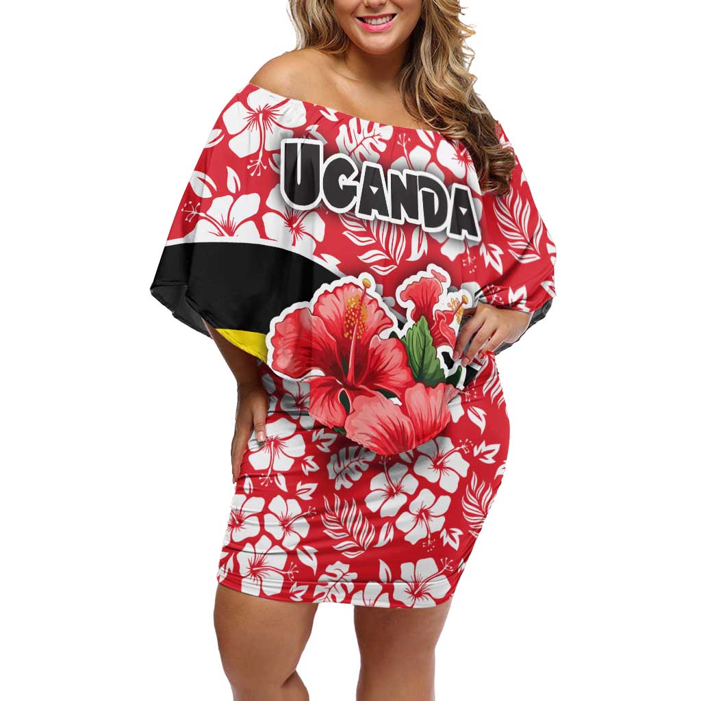 Uganda Family Matching Off Shoulder Short Dress and Hawaiian Shirt with Red Hibiscus Flowers and National Flag Design