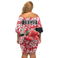 Uganda Family Matching Off Shoulder Short Dress and Hawaiian Shirt with Red Hibiscus Flowers and National Flag Design